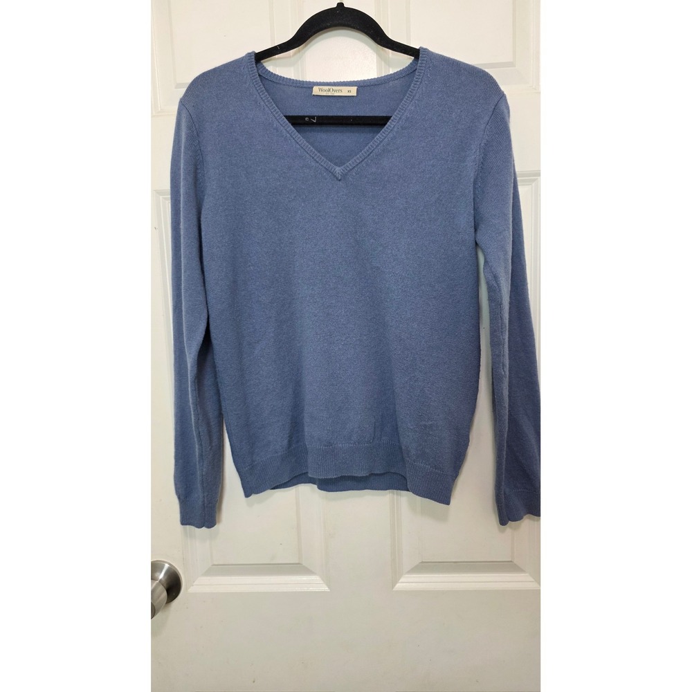 WoolOvers V-Neck Sweater Womens XS Blue Merino Wool Cashmere Blend Knit